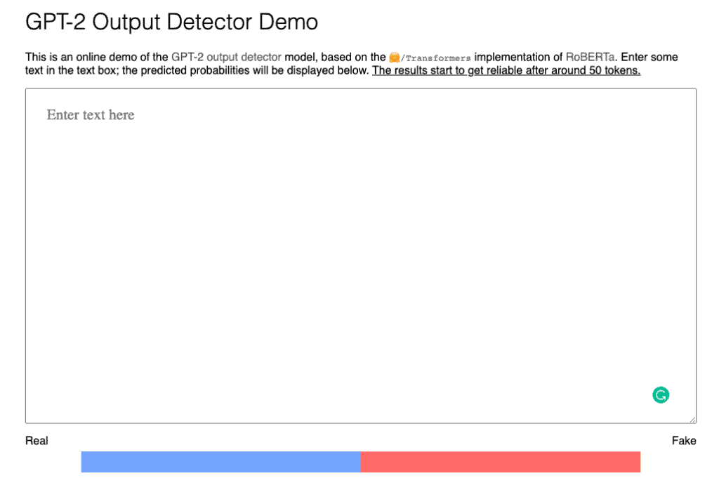 Screenshot of Huggingface GPT-2 Output Detector Demo Tool 